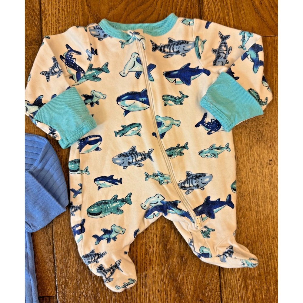 Baby Boy Preemie Lot Sleepers Rompers Zippered Outfits Clothes Blue Ribbed Shark - Picture 2 of 8